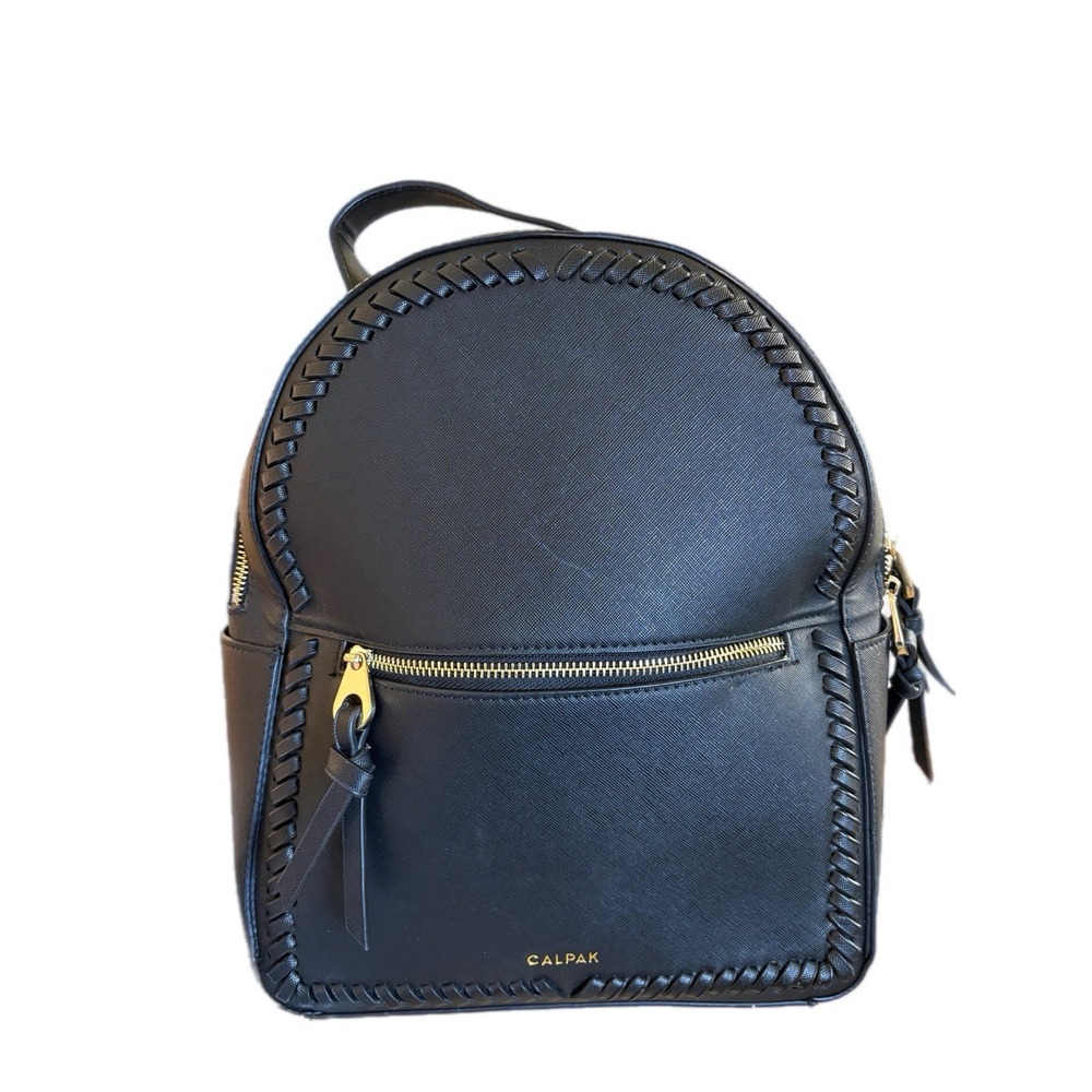 Calpak Kaya  Backpack‎ Black Vegan Leather Whipstitched Gold Trim Sleek Chic - Picture 8 of 11